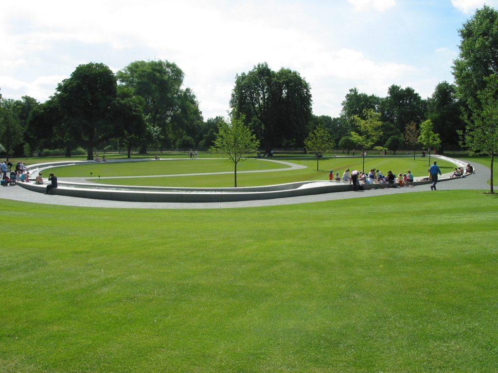 This image depicts a community area with aluminum edging helping delineate a walking path.