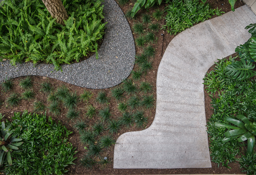This image depicts an aerial view of two garden paths between areas of foliage.